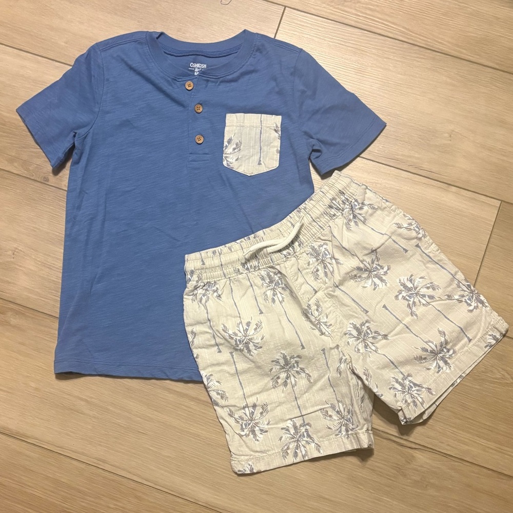 OshKosh B'gosh Blue Henley Tee with Cream Palm-Print Shorts